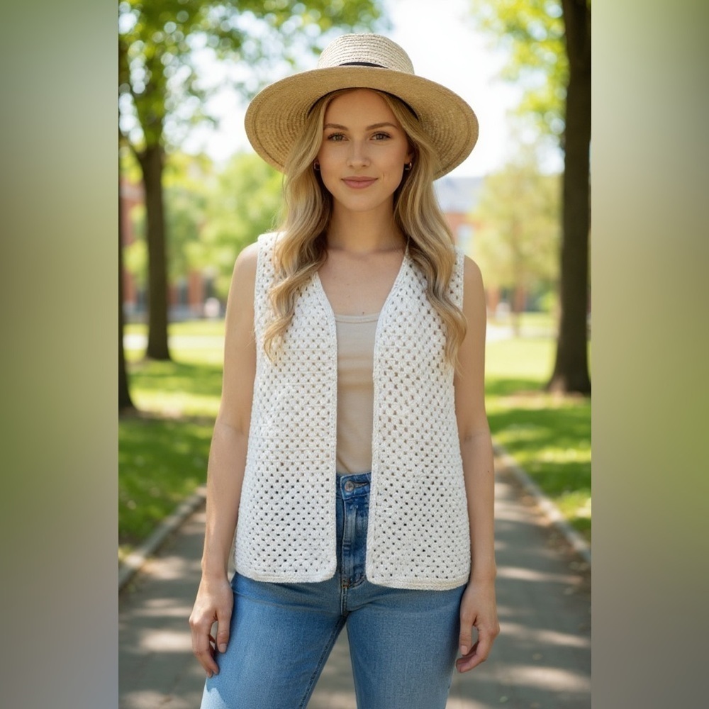 Handmade Knit Cream Coloured Vest - Size Large